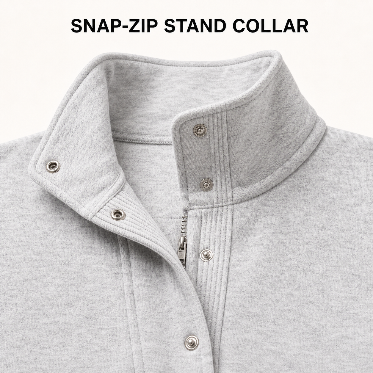 Snap-zip stand collar and partial placket detail