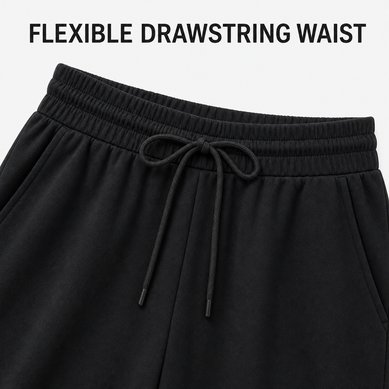 Flexible elasticized drawstring waistband detail