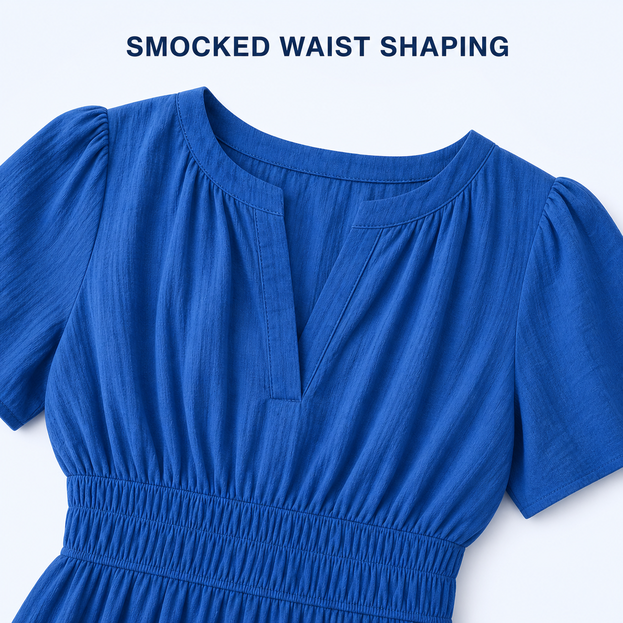 Split neckline and wide smocked waist detail