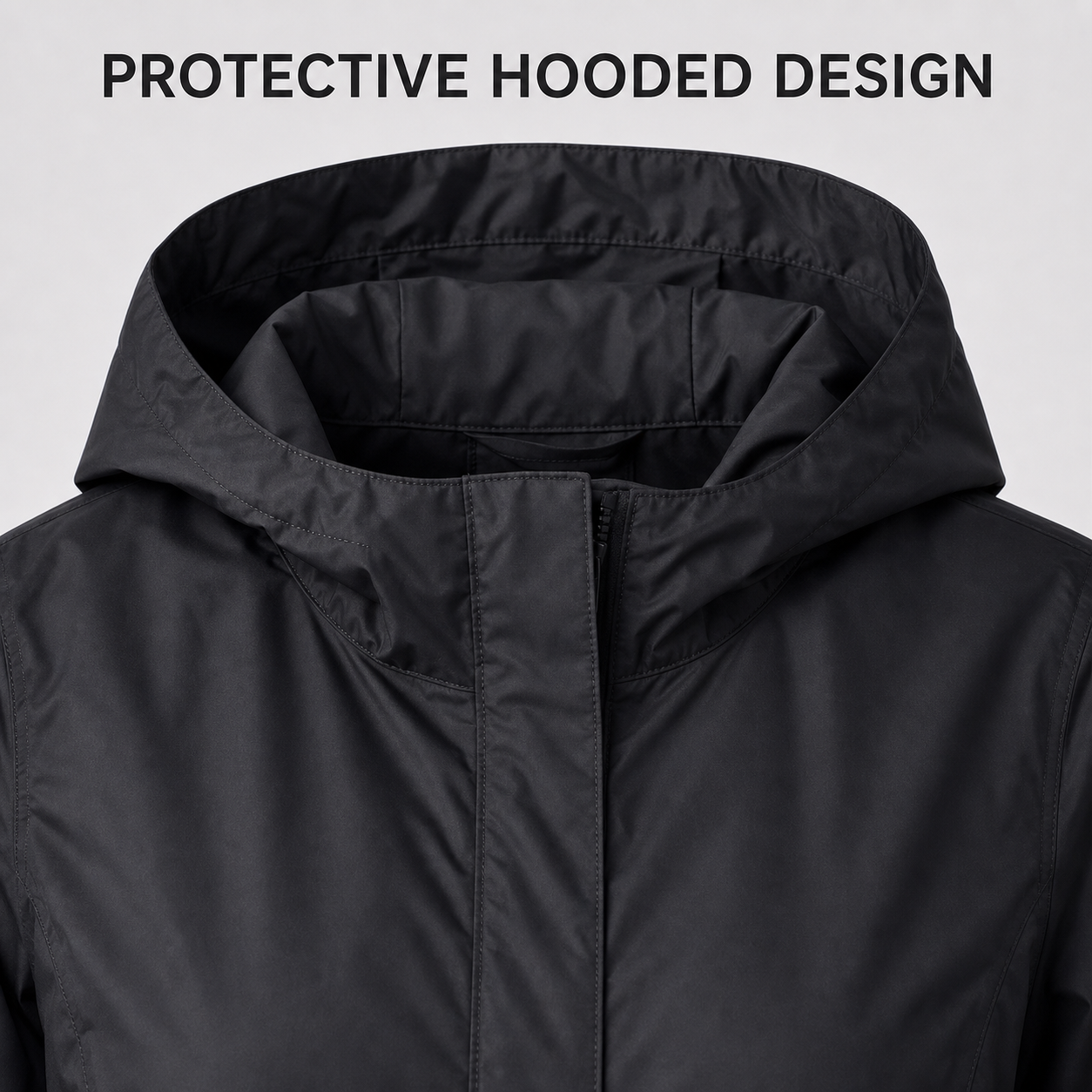 Attached hood and covered front closure detail