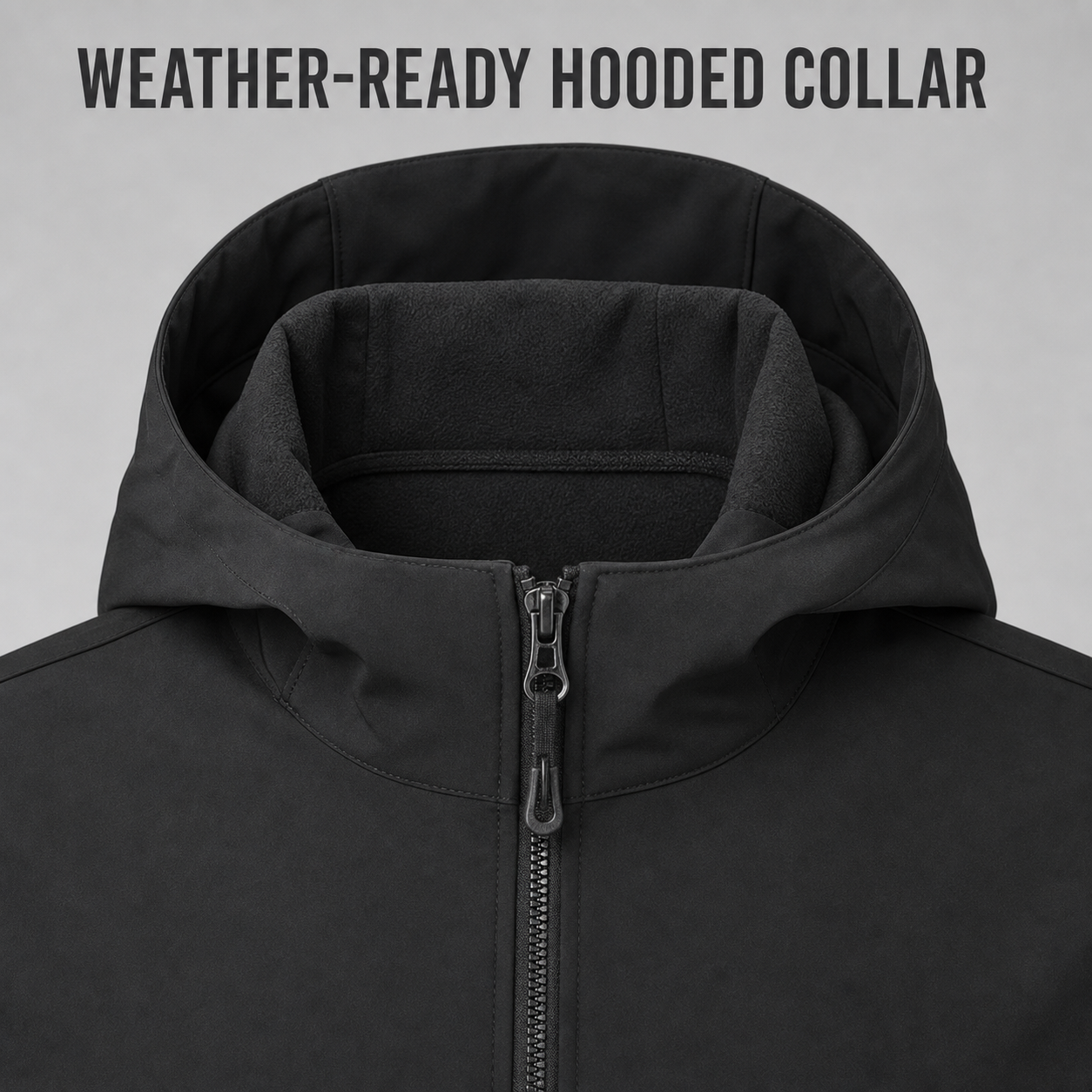 Weather-ready integrated hood high collar and full zipper detail
