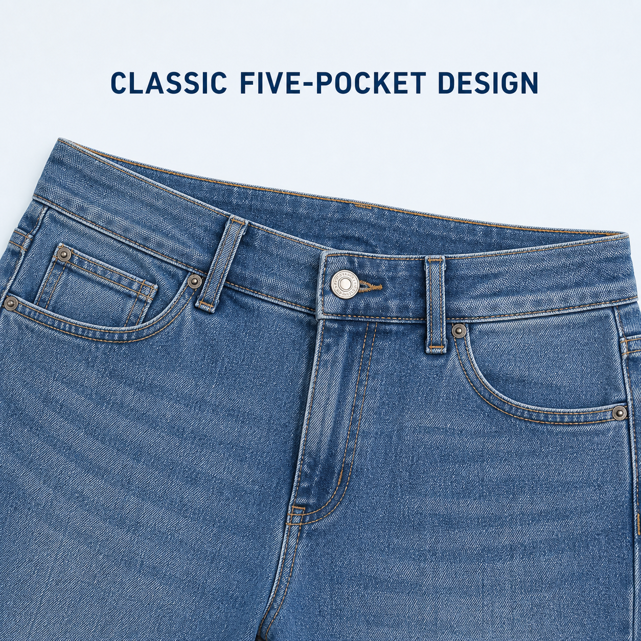 Classic five-pocket waistband and fly structure