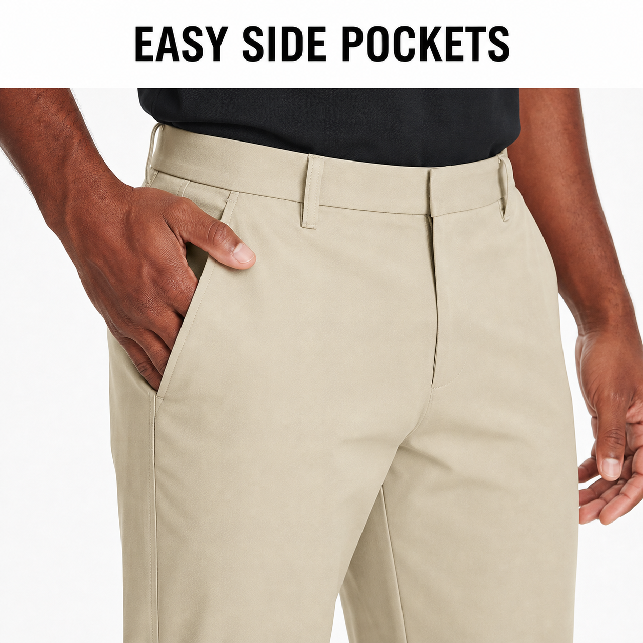 Slanted side pocket and flat-front waistband detail