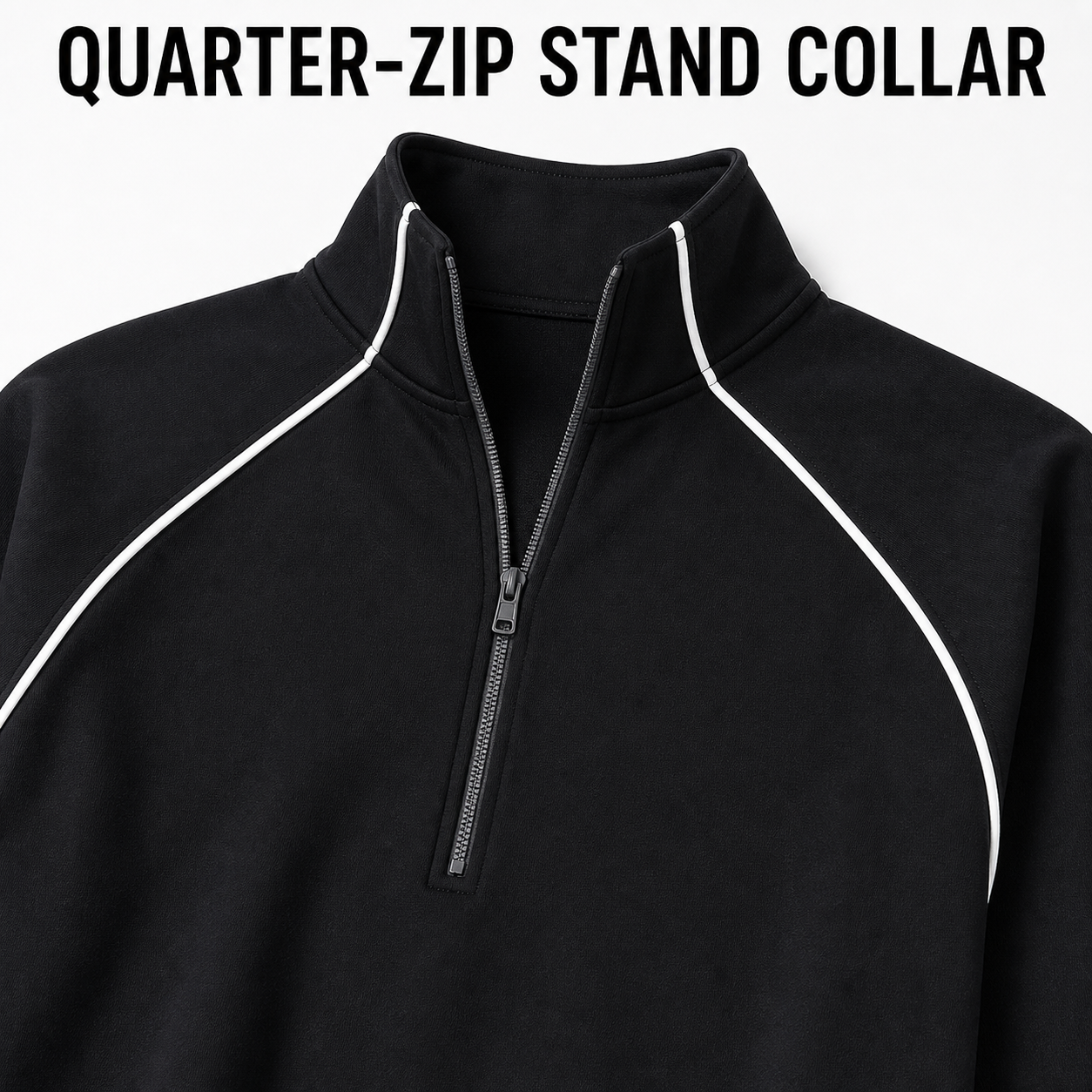 Quarter-zip stand collar and curved piping detail