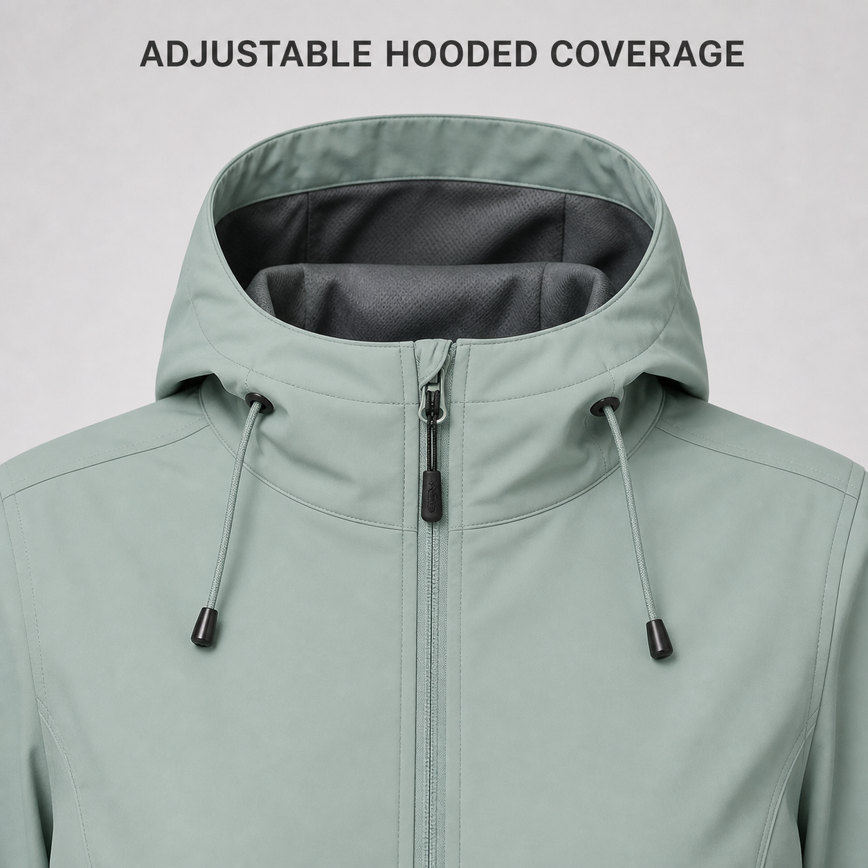 Integrated hood high collar and full zipper structure detail