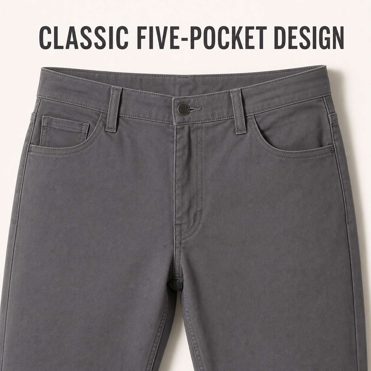 Classic five-pocket waistband and zip-fly structure