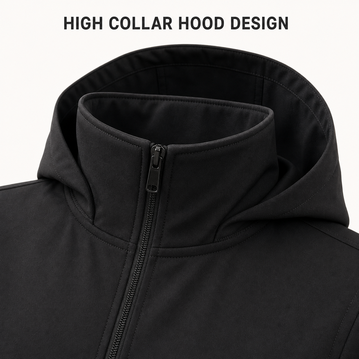 High collar hood and center zipper structure detail