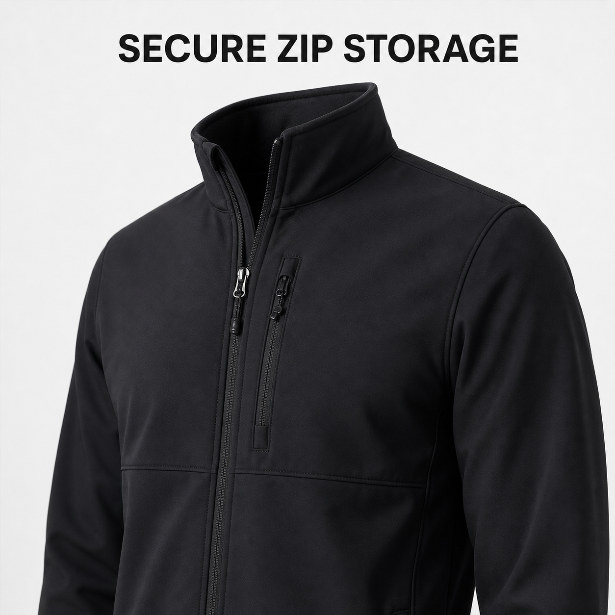 Stand collar and secure chest zipper detail