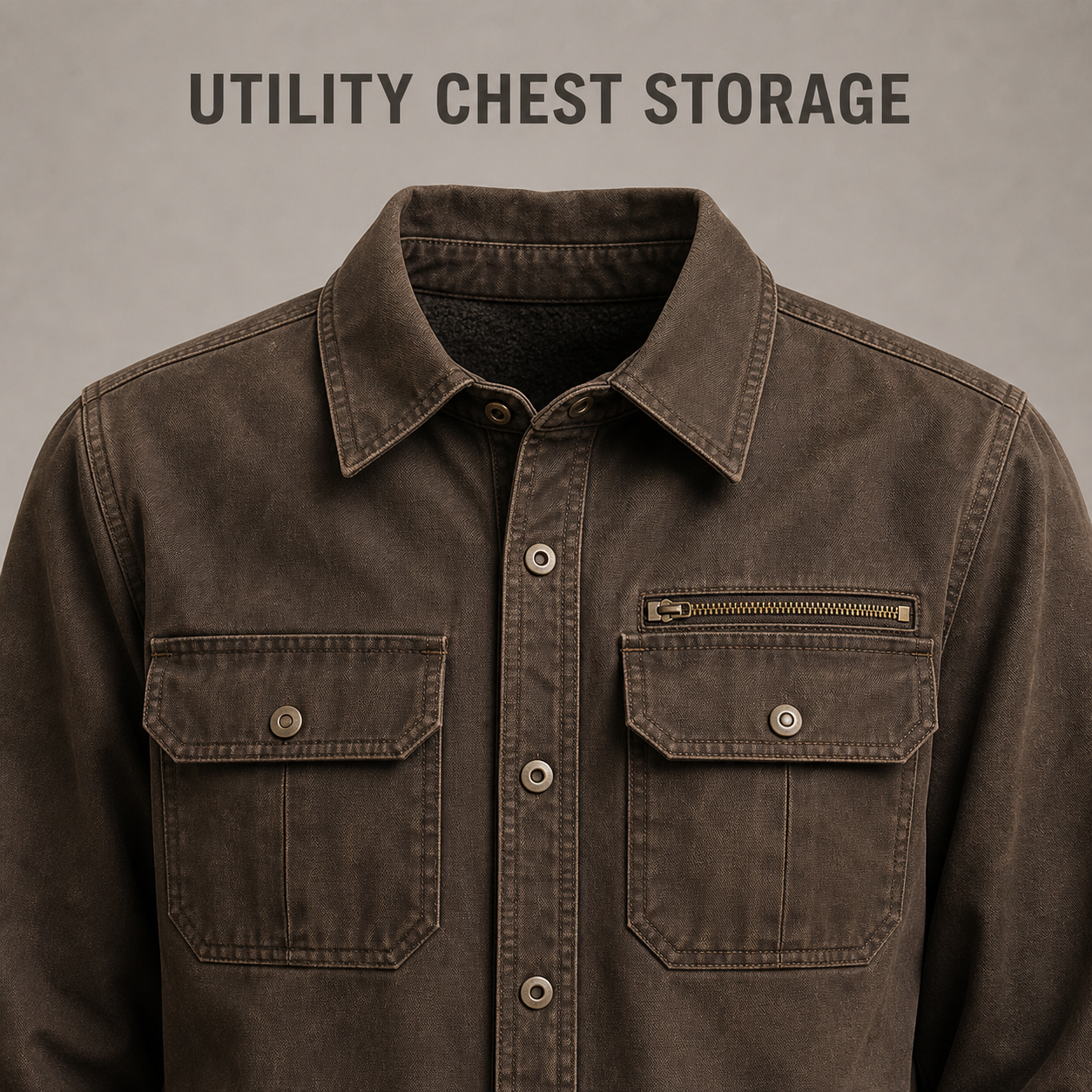 Snap flap chest pockets and single horizontal zipper detail