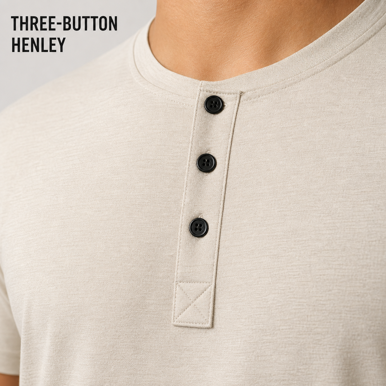 Three-button Henley neckline and reinforced placket detail