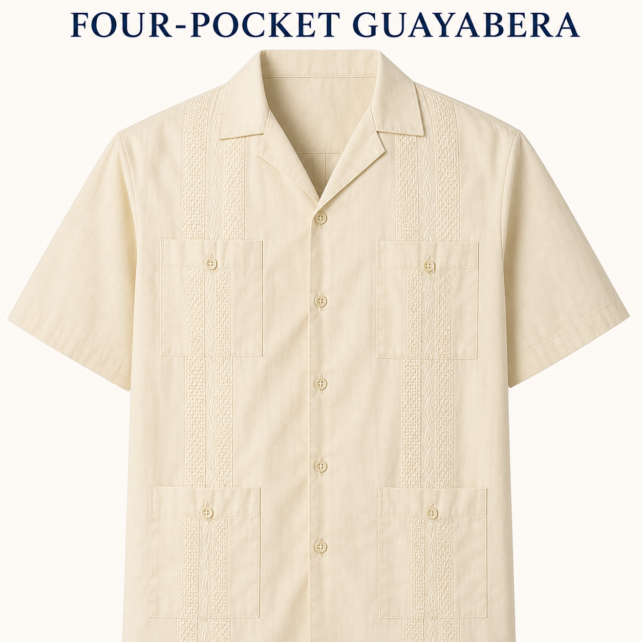 Four-pocket guayabera collar placket and textured panel structure