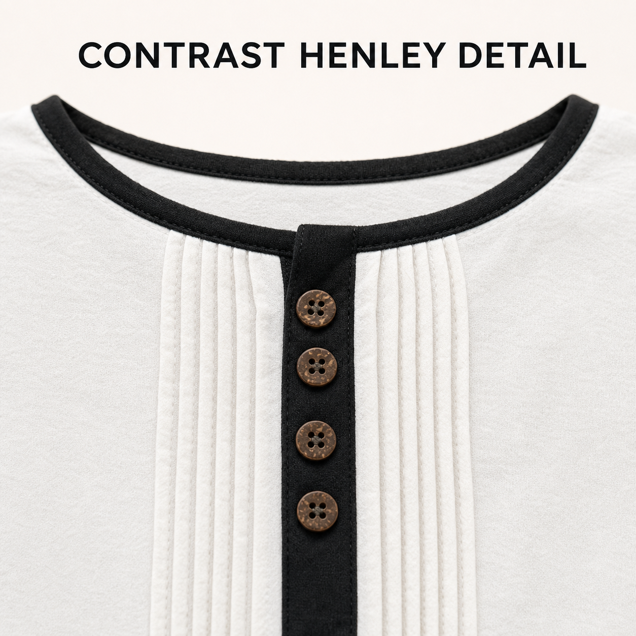 Four-button contrast Henley placket and nested channel detail
