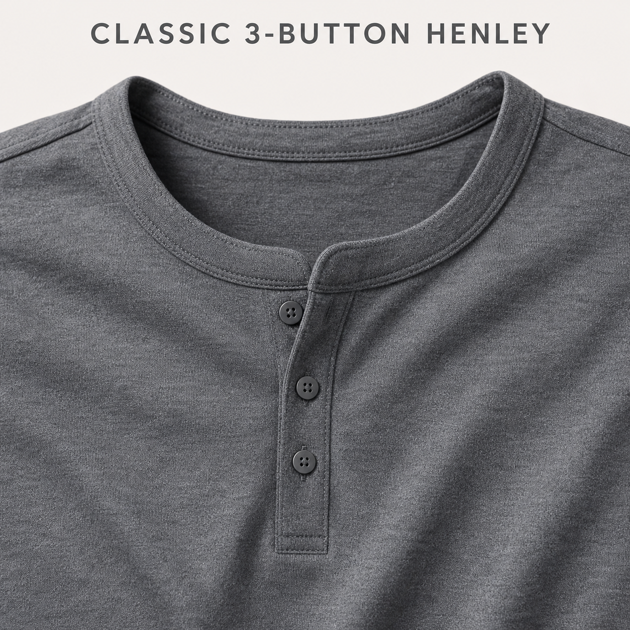 Men's Henley bound neckline and three-button placket detail