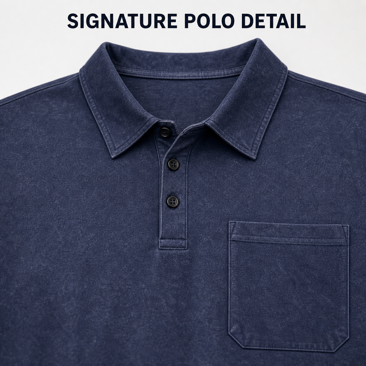 Point collar three-button placket and chest pocket detail
