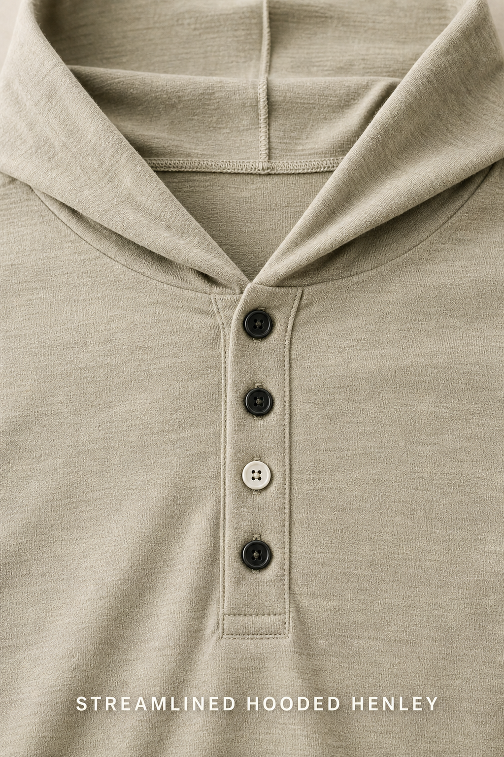 Cord-free hood and four-button Henley placket detail