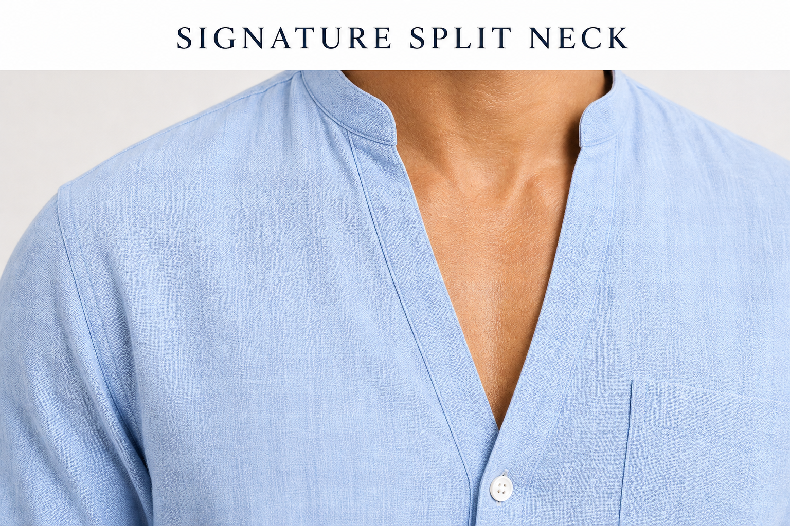 Signature split-neck and single-button placket detail