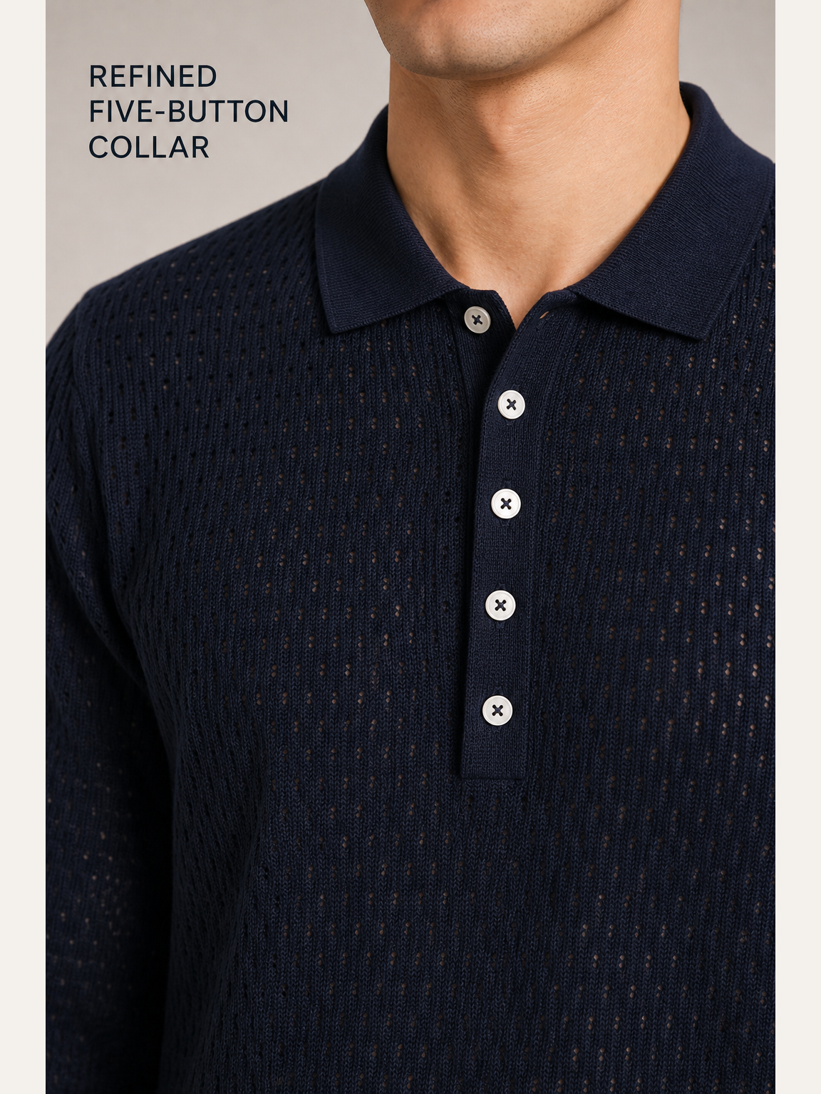 Five-button polo collar construction detail