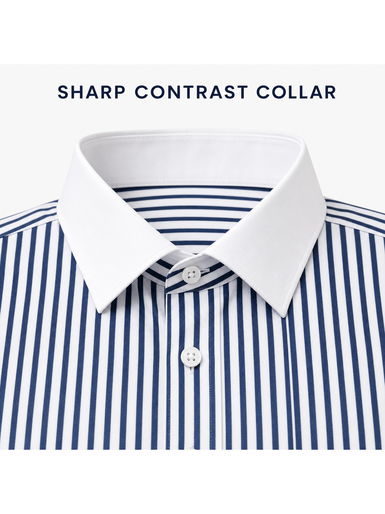 Solid white pointed collar and striped shirt placket detail