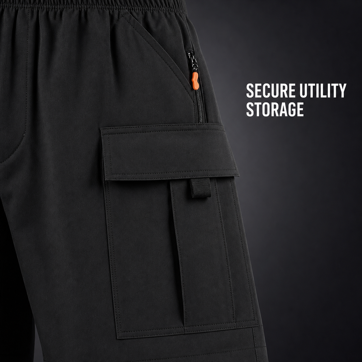 Zipper hand pocket and flap cargo pocket detail