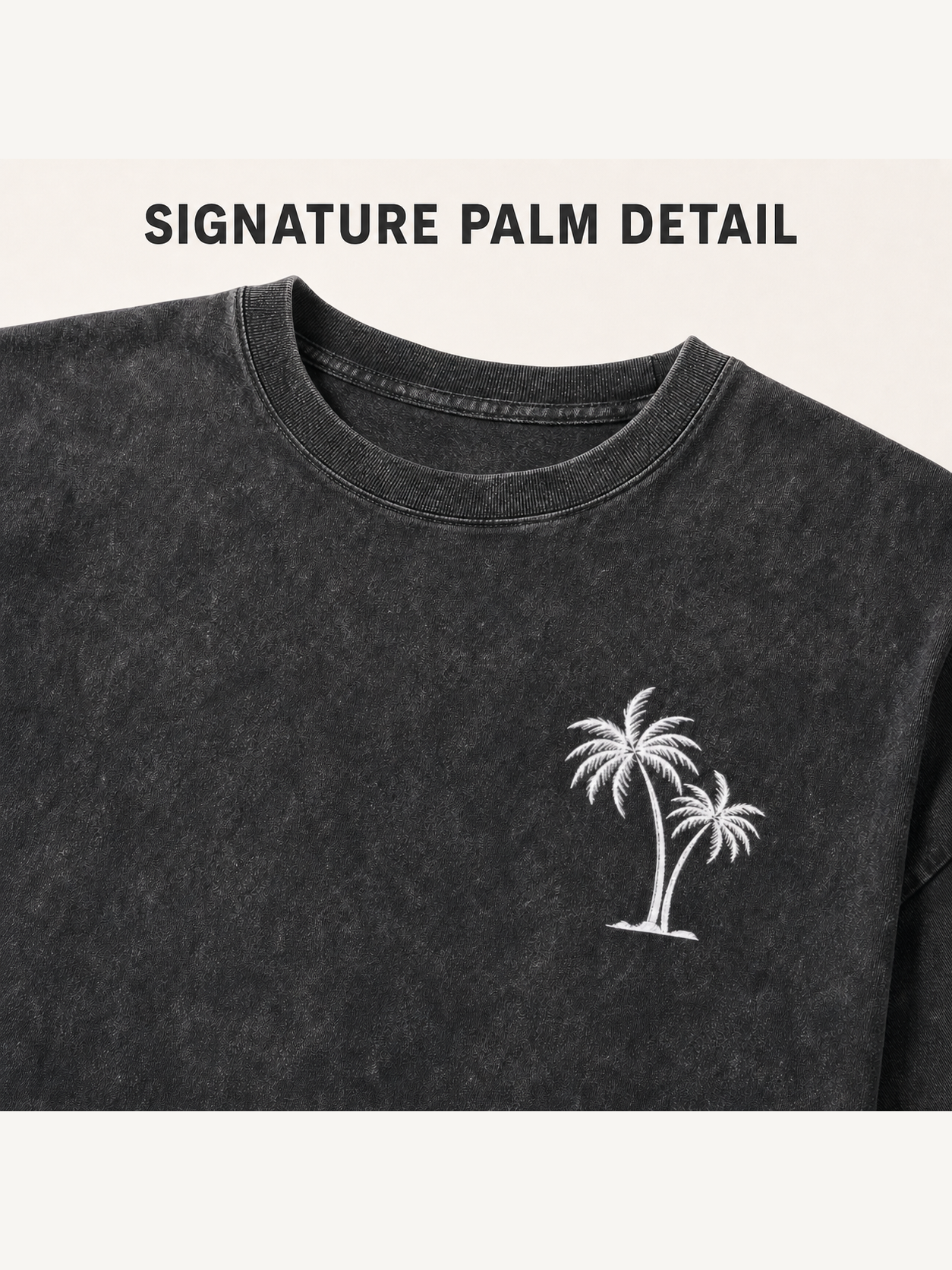 Signature two-palm chest graphic and crew neck detail
