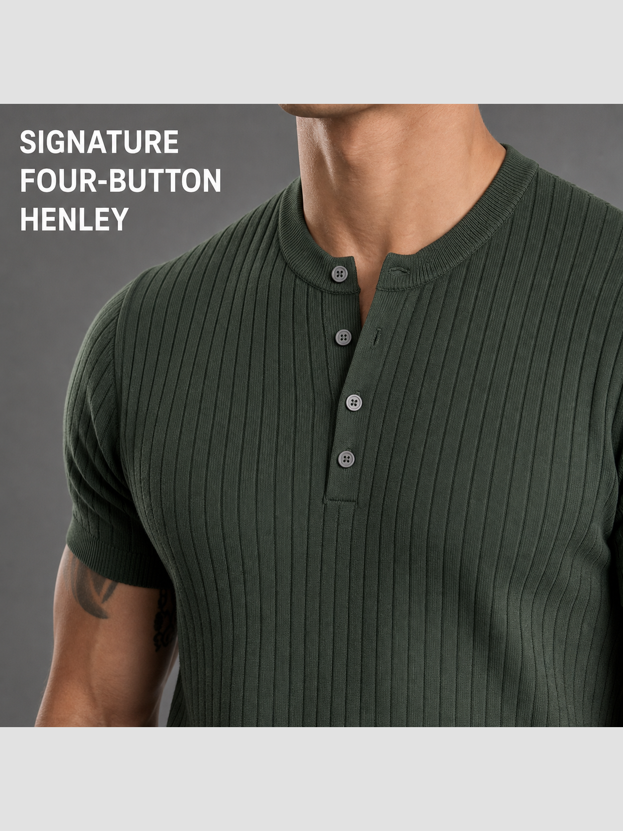 Four-button collarless Henley neckline and short placket detail