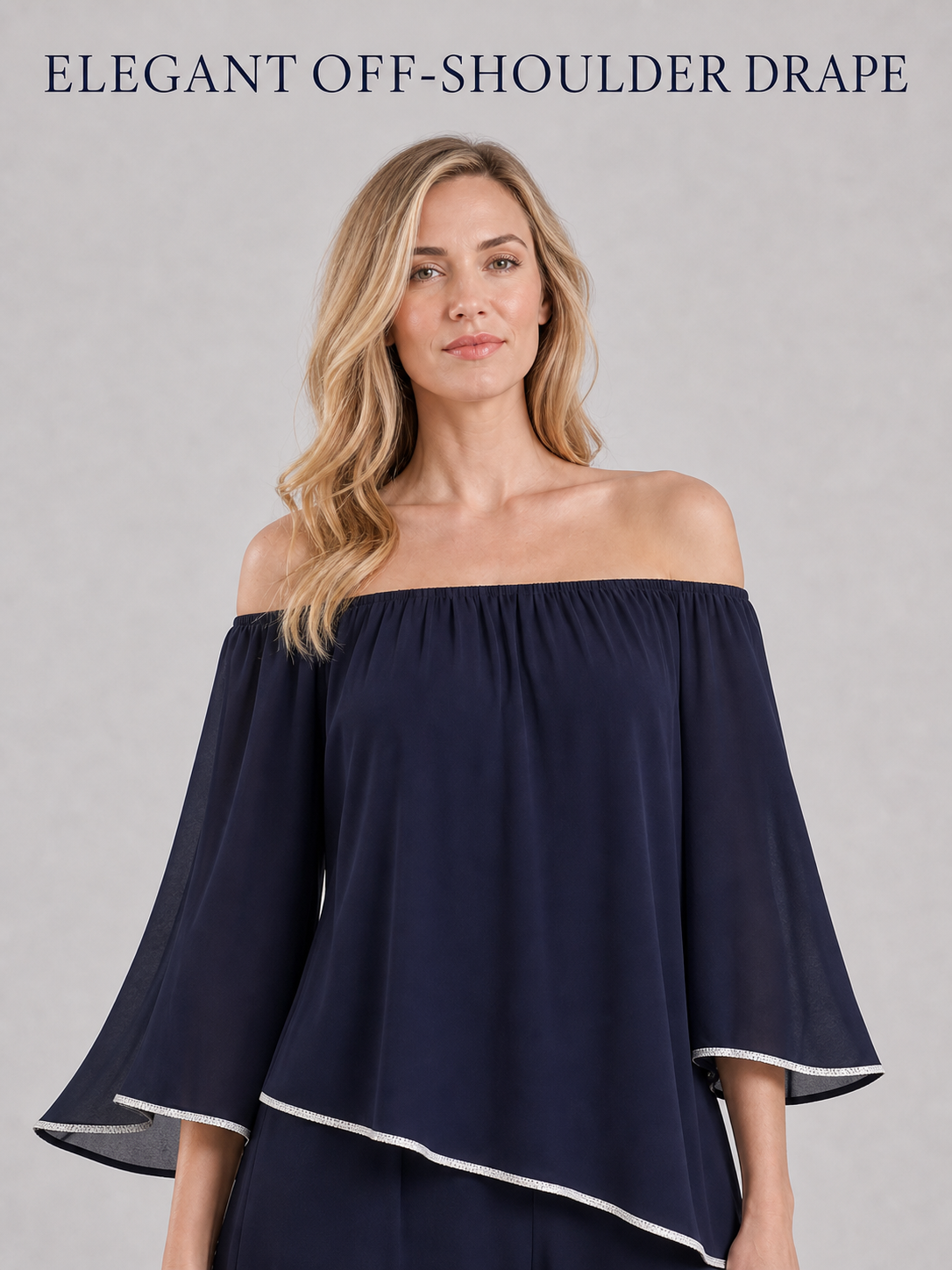 Gathered off-shoulder neckline and flowing overlay structure