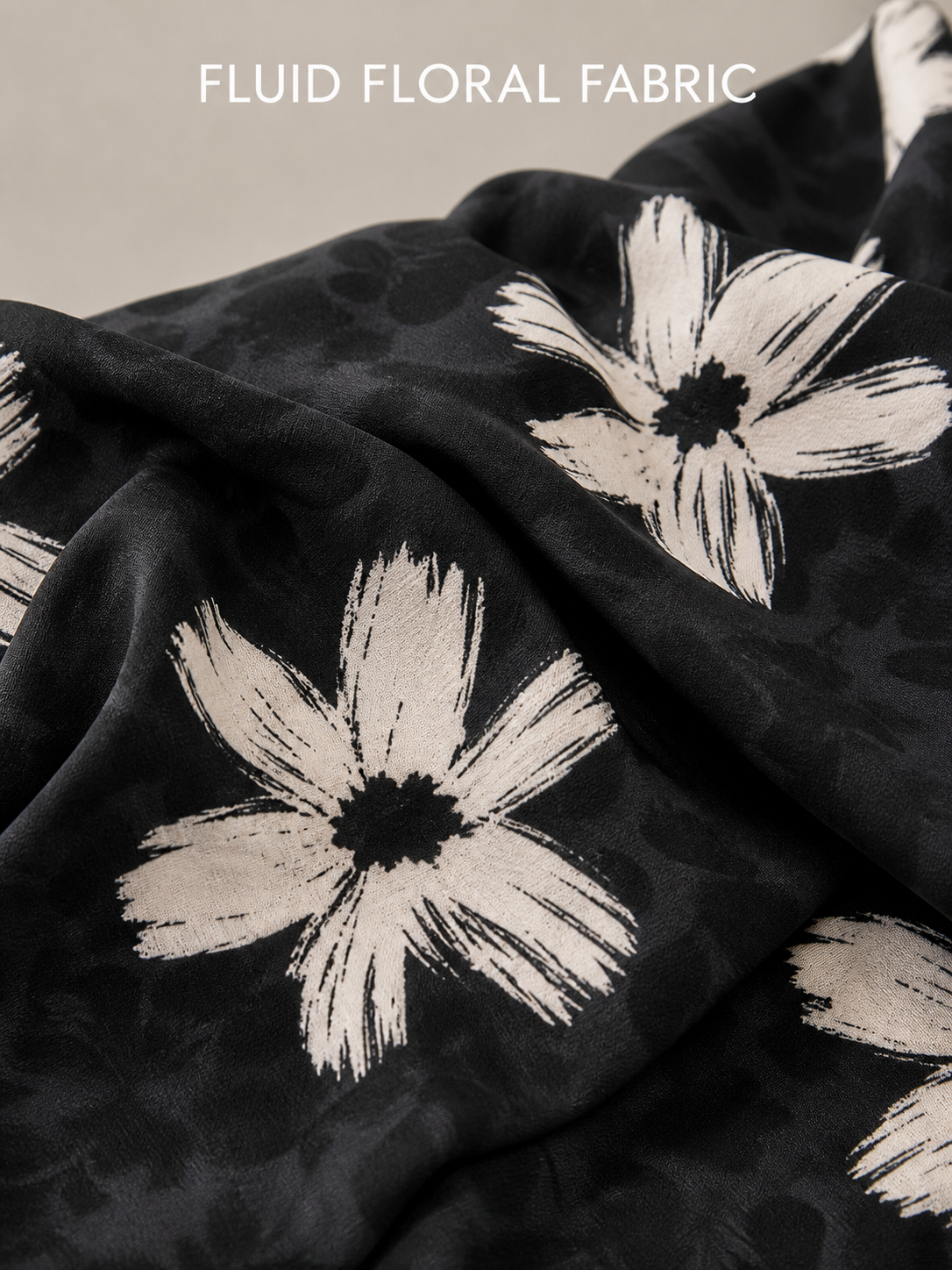 Fluid black polyester floral fabric texture