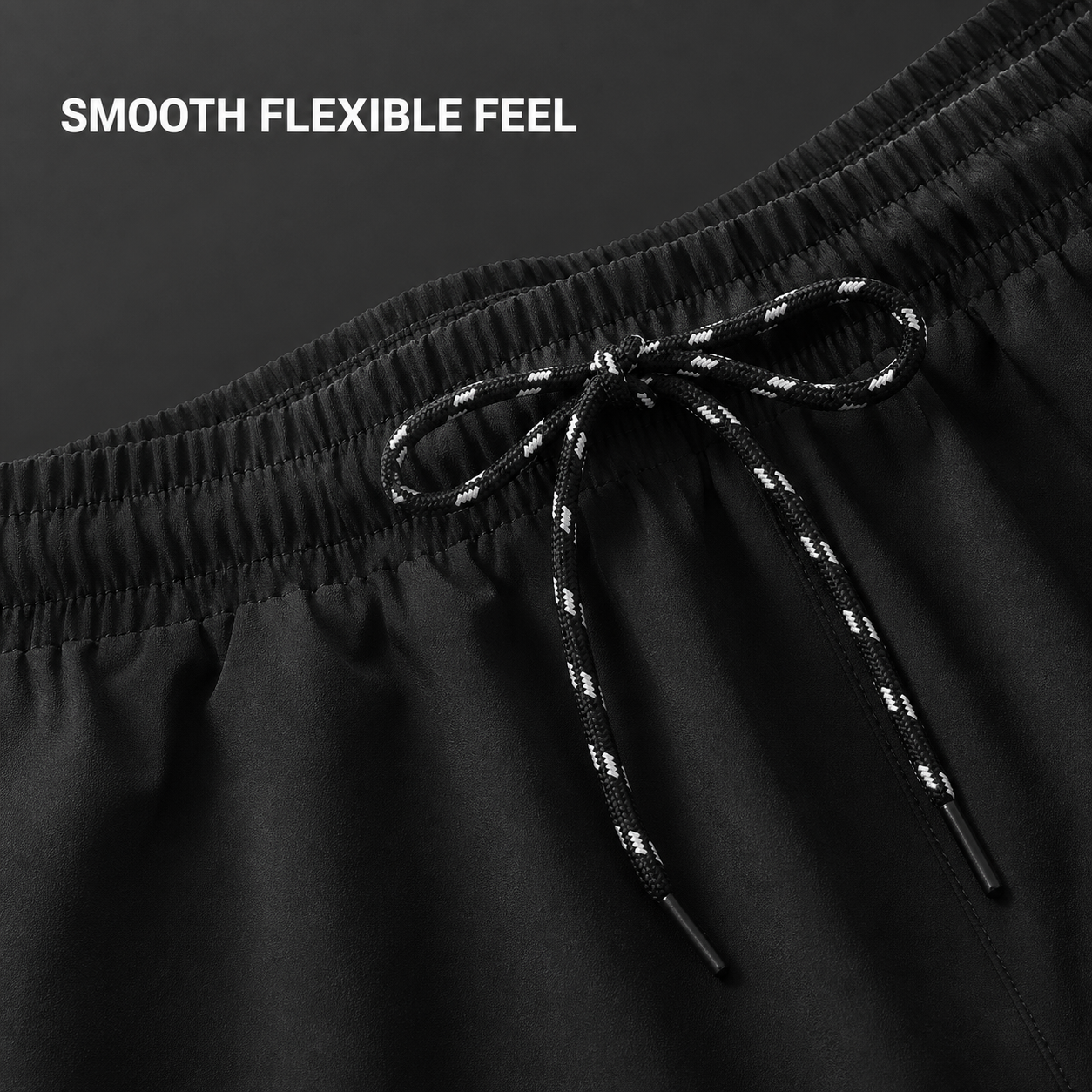Elastic waistband drawcord and smooth woven fabric detail