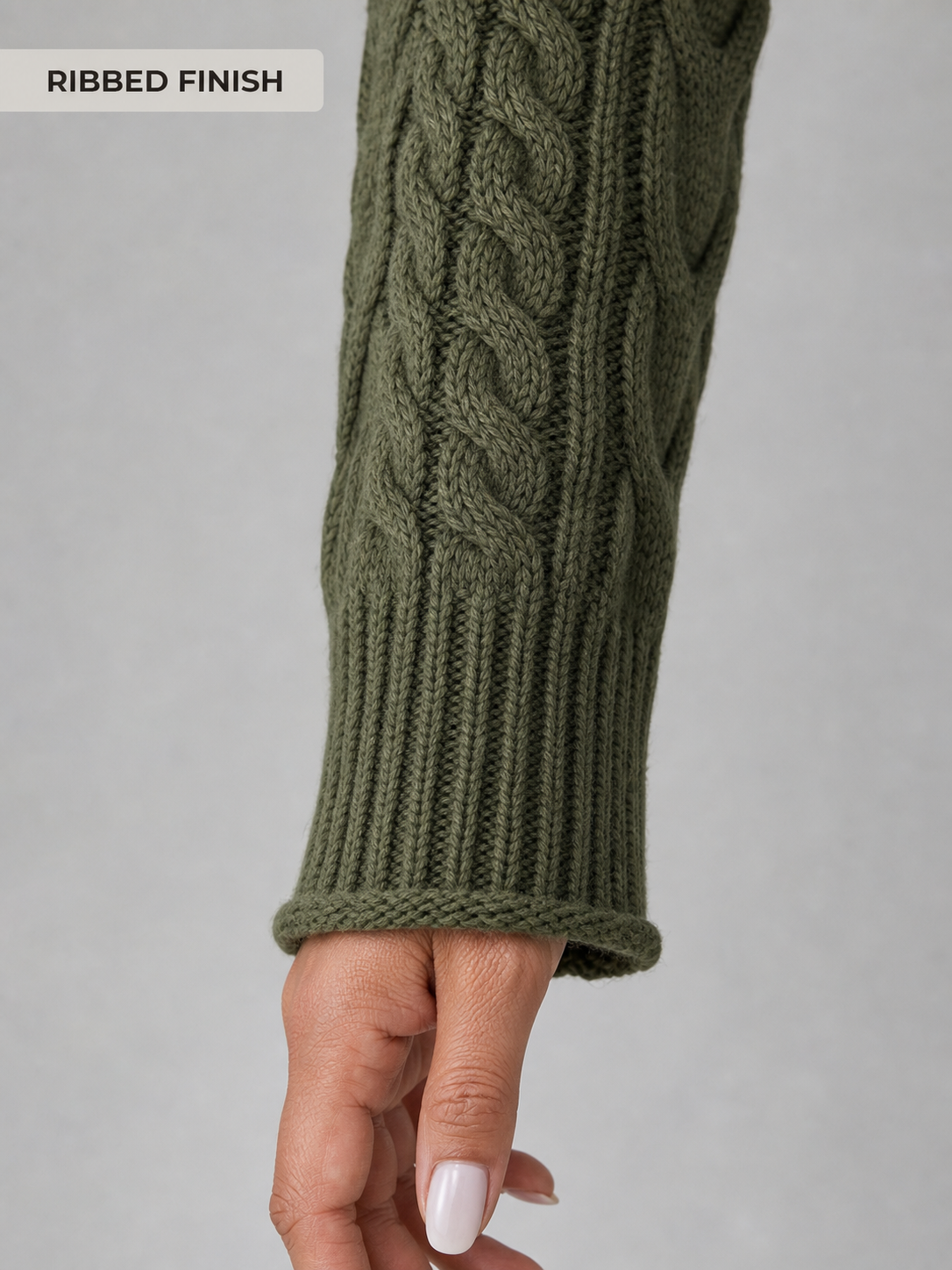 Deep ribbed cuff and cable sleeve finish