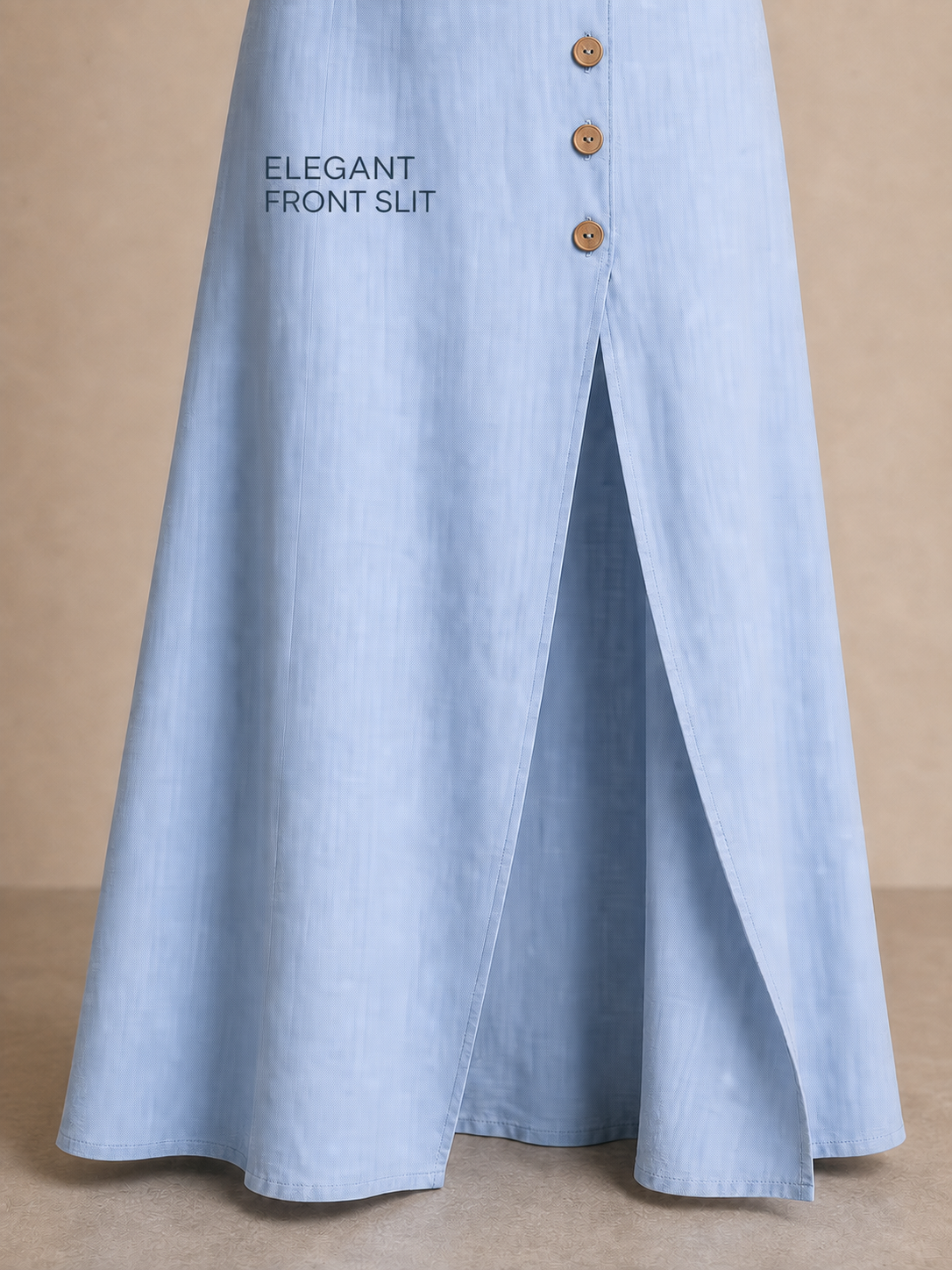 Elegant front slit and flowing maxi hem detail