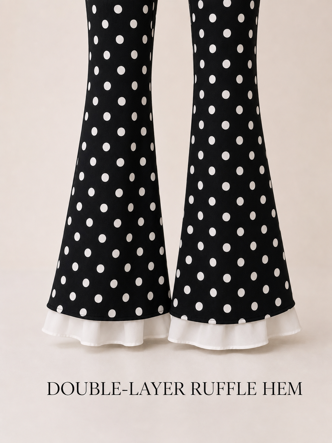 Double-layer white ruffle flare pant hem detail