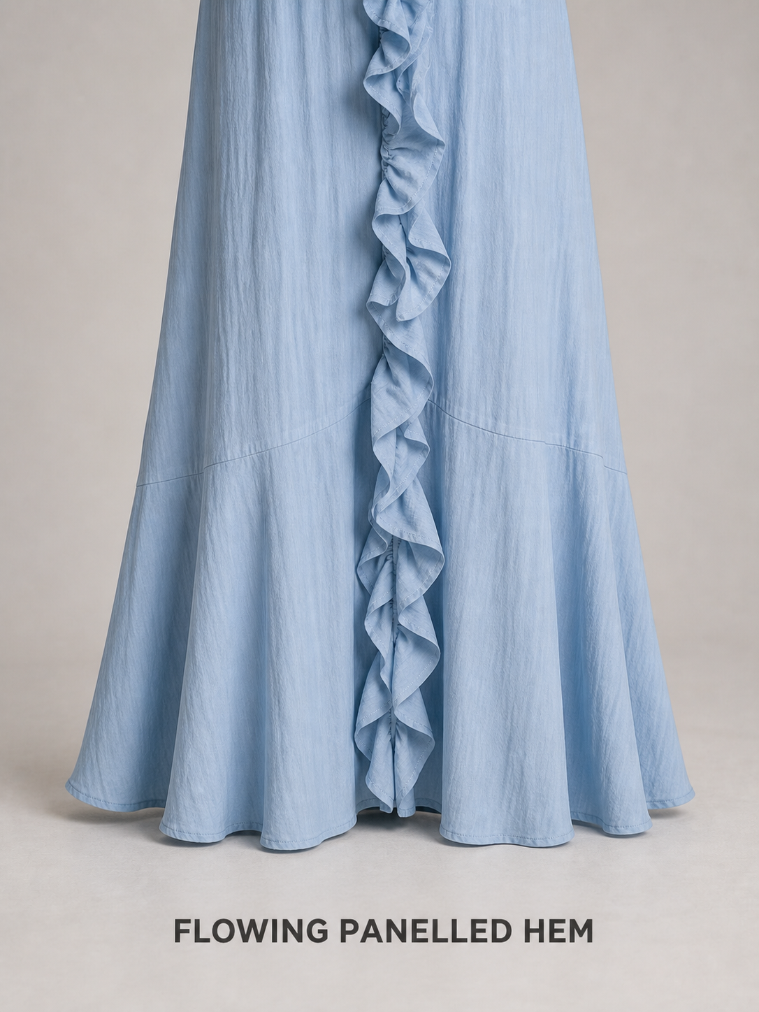 Flowing panelled midi dress hem construction