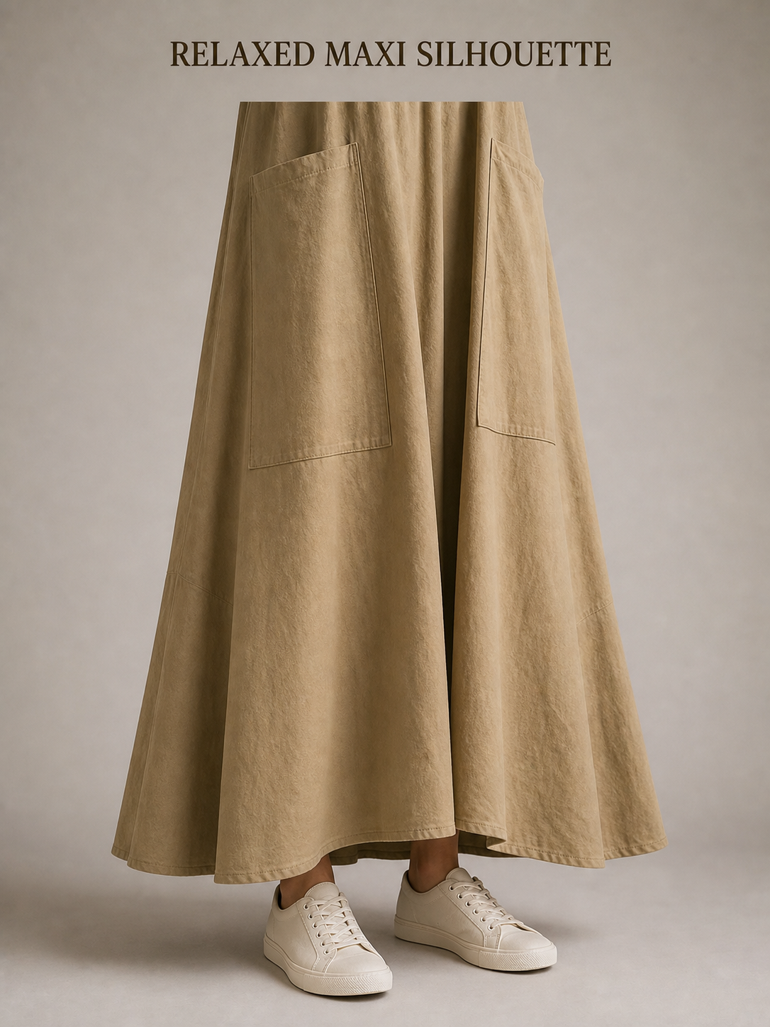 Relaxed A-line maxi silhouette and broad finished hem detail