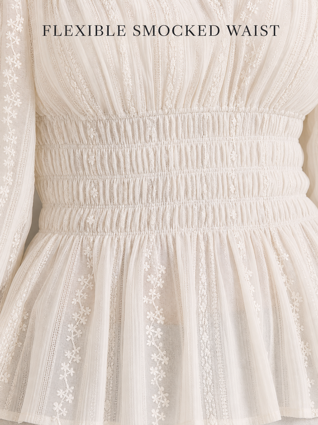 Flexible multi-row smocked waist and peplum detail