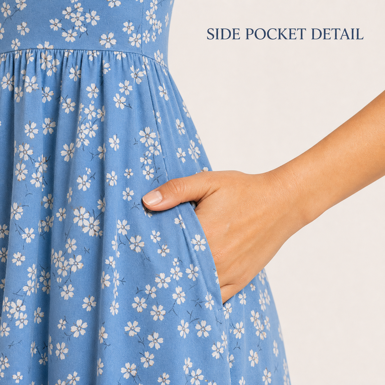 Gathered waist and side pocket construction detail