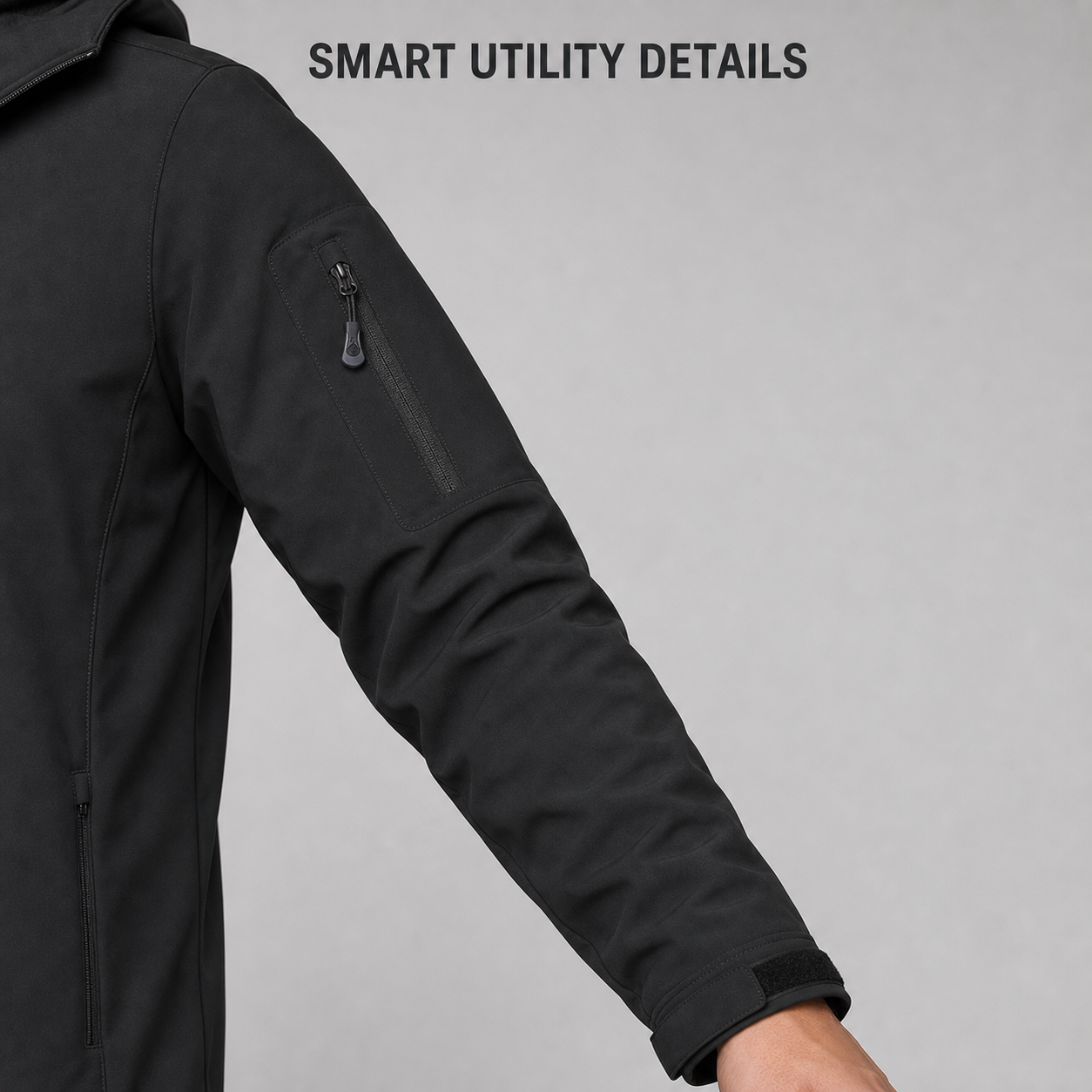 Upper sleeve utility zipper and adjustable cuff detail