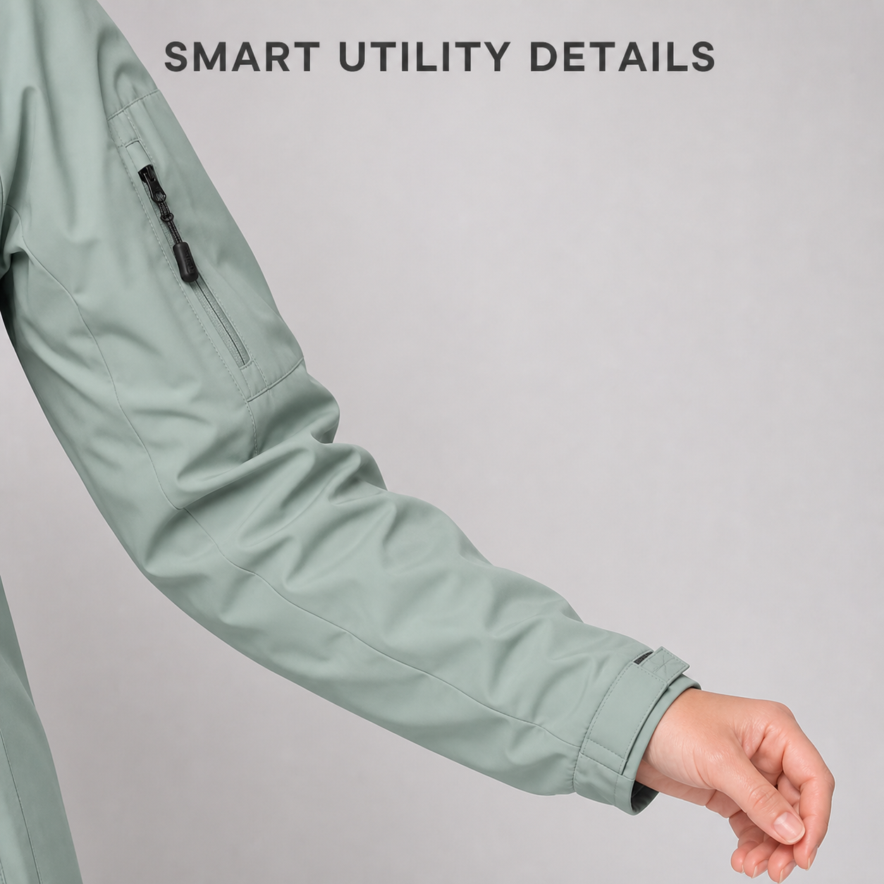 Upper sleeve zipper and adjustable cuff craftsmanship detail