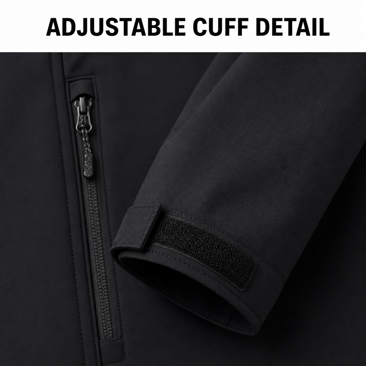 Adjustable cuff tab and zipper craft detail