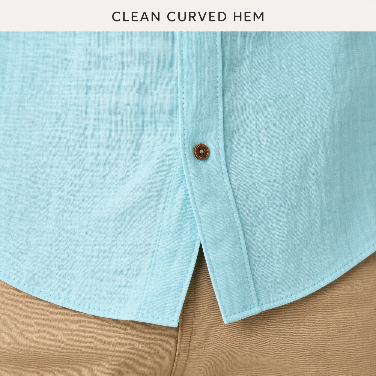Clean curved shirttail hem stitching detail