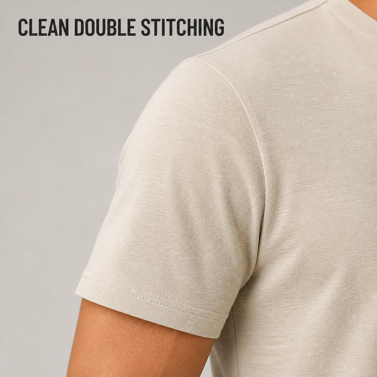 Men's Henley double-stitched sleeve and clean seam detail