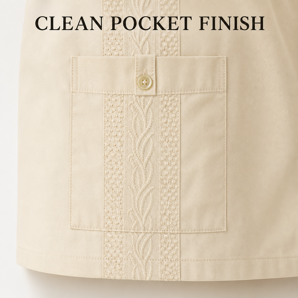 Clean buttoned pocket hem and stitching finish
