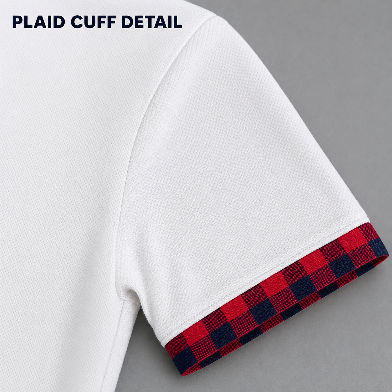 Red and navy plaid short sleeve cuff detail