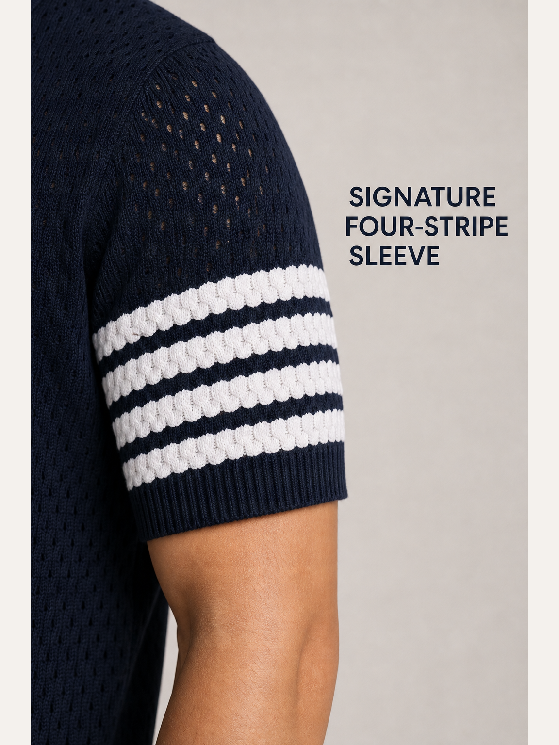Four-stripe short sleeve and ribbed cuff detail