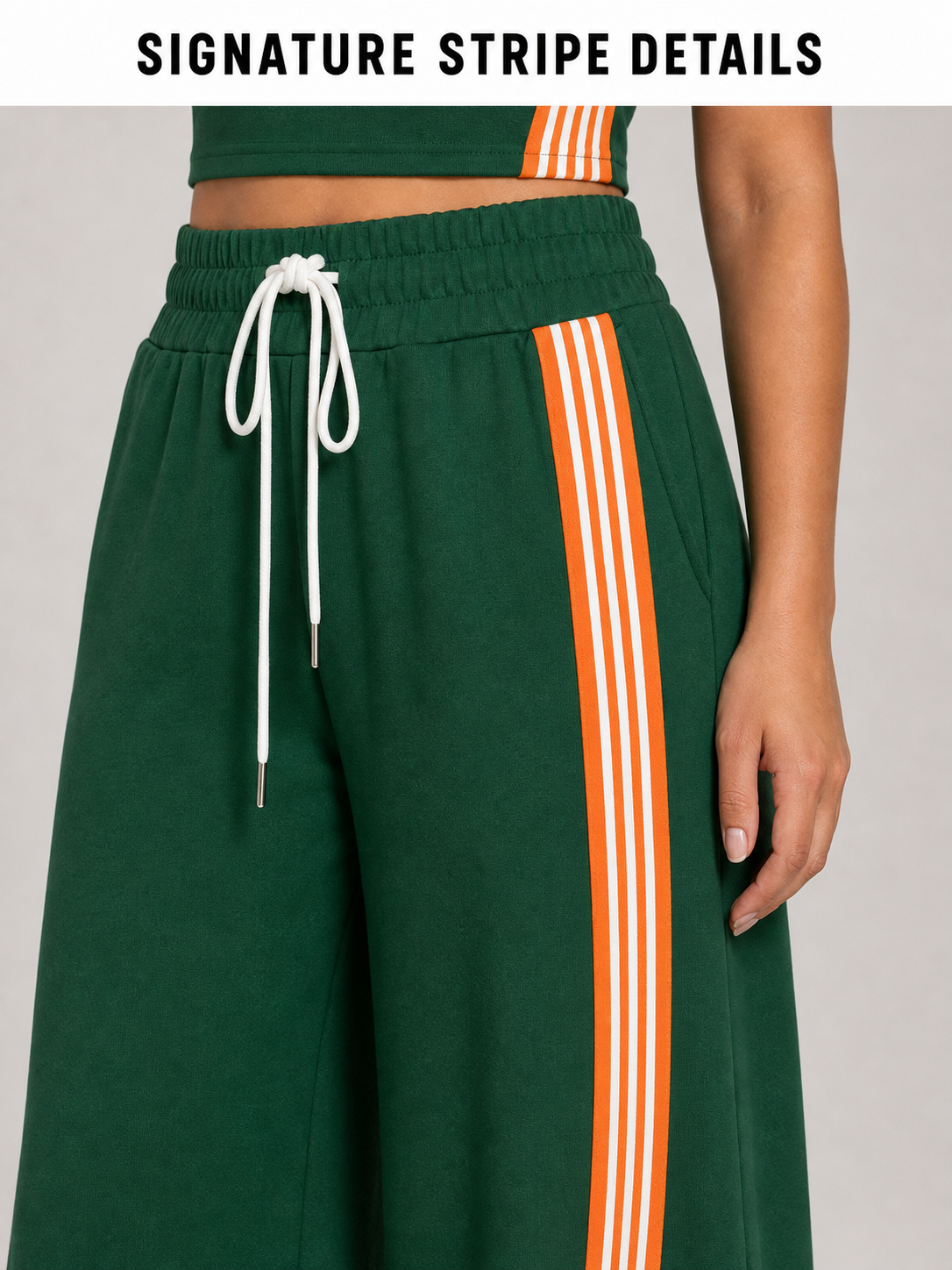 Gathered waistband drawcord pocket and striped panel detail