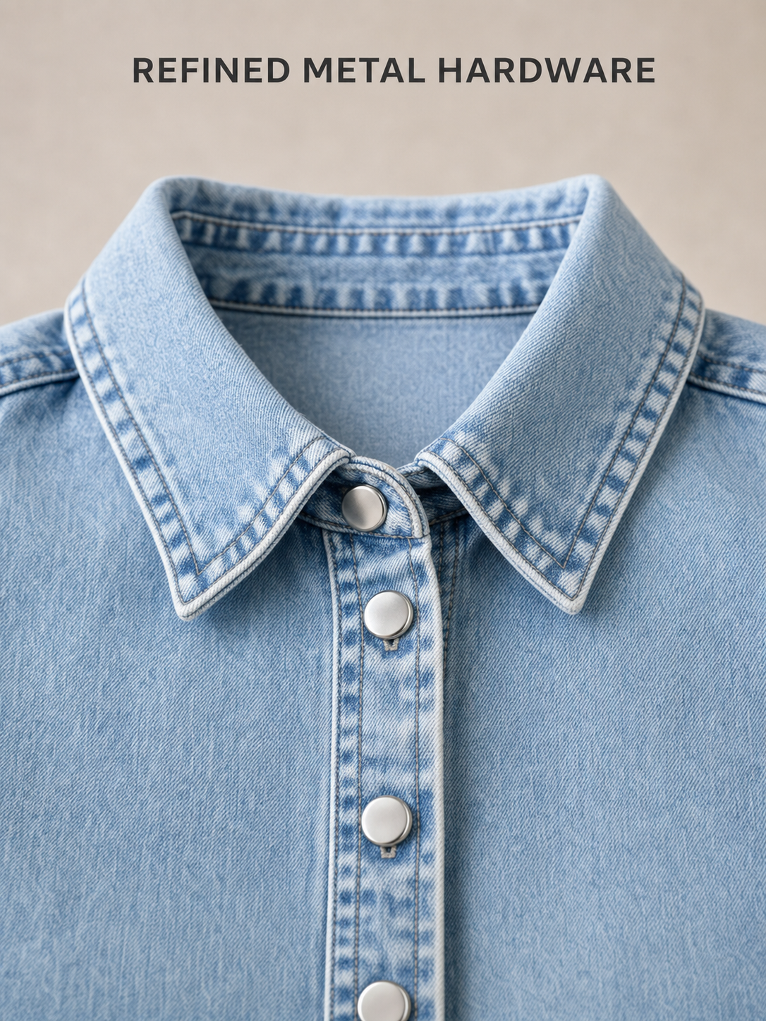 Refined metal snap hardware and stitching detail