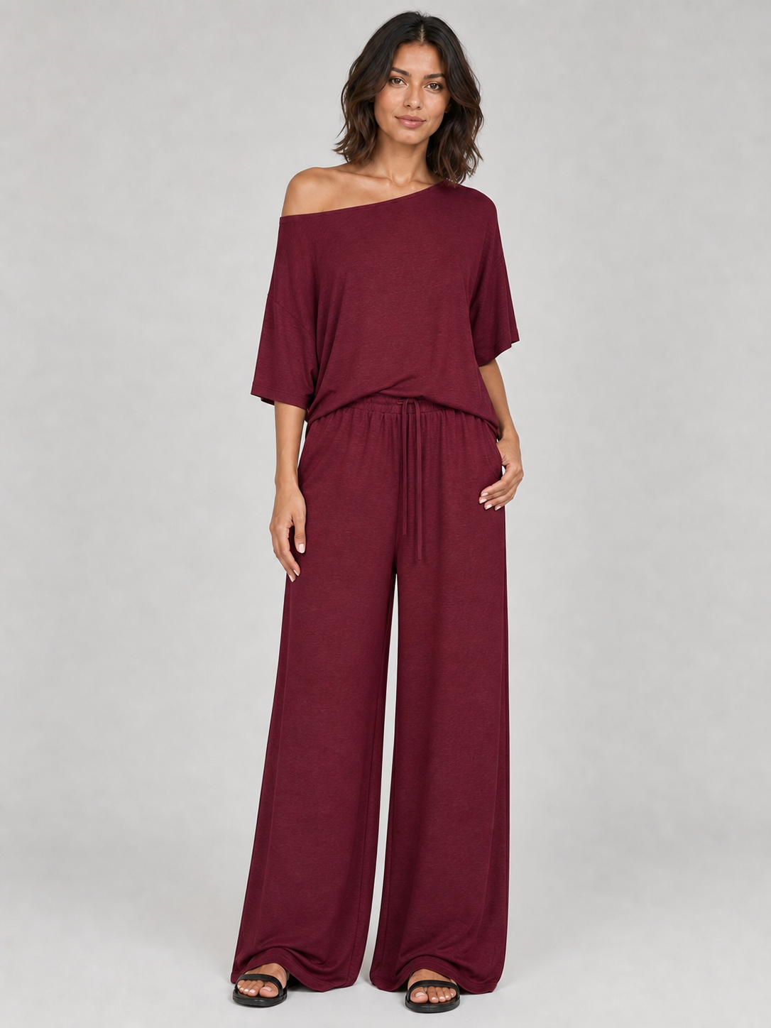 Women's burgundy one-shoulder wide-leg set