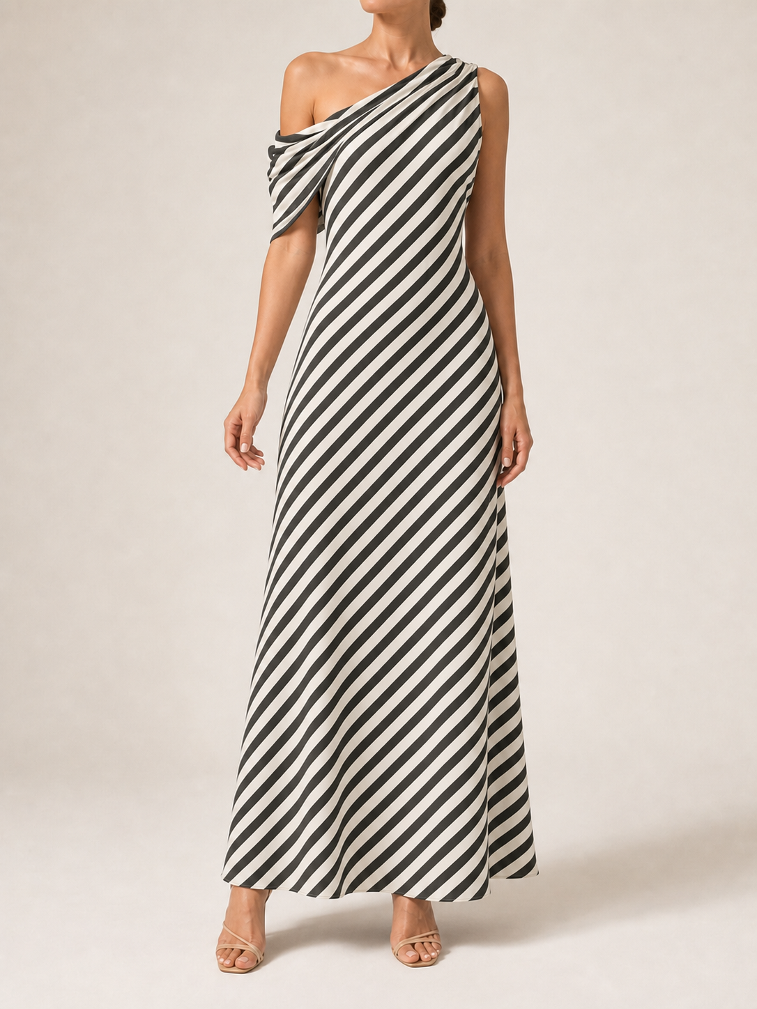 Women's black and ivory stripe one-shoulder maxi dress