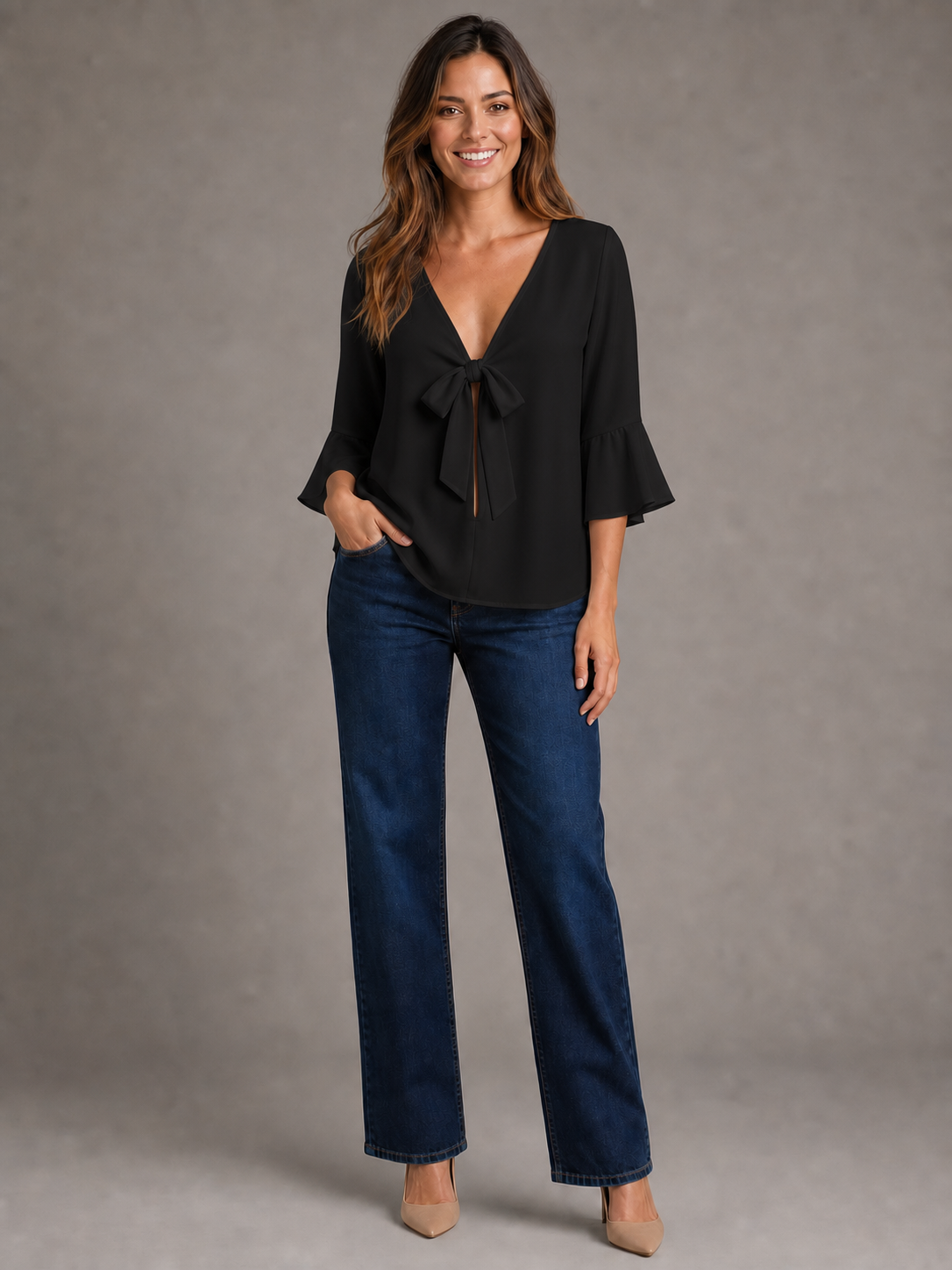 Women's jet black tie-front blouse