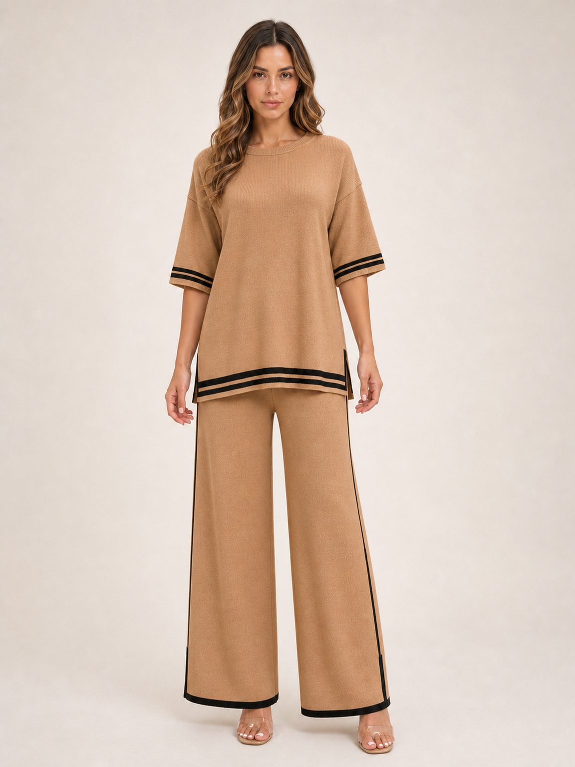 Women's camel beige contrast trim knit pants set