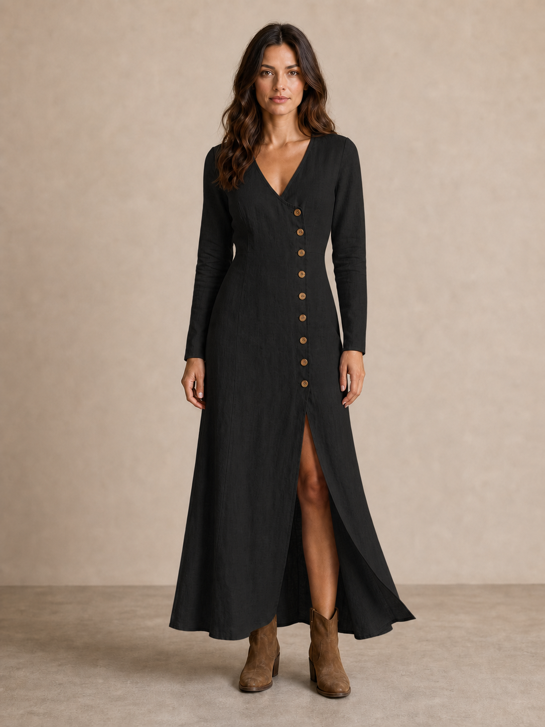 Women's black V-neck button slit maxi dress
